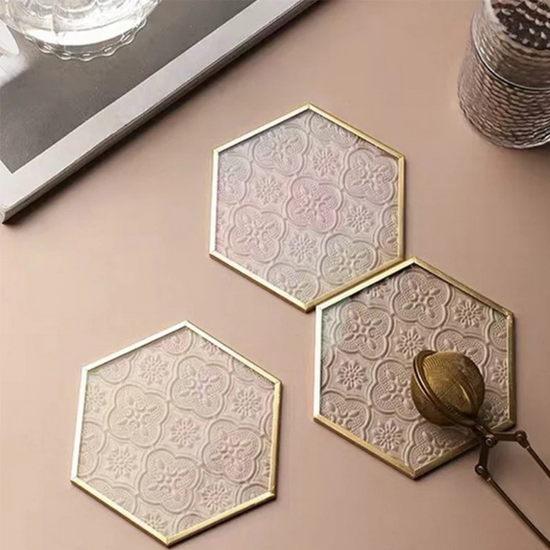 

Glass Drink Coaster Nordic Retro Cup Mat Embossed Hexagon Home Kitchen Decor Ant