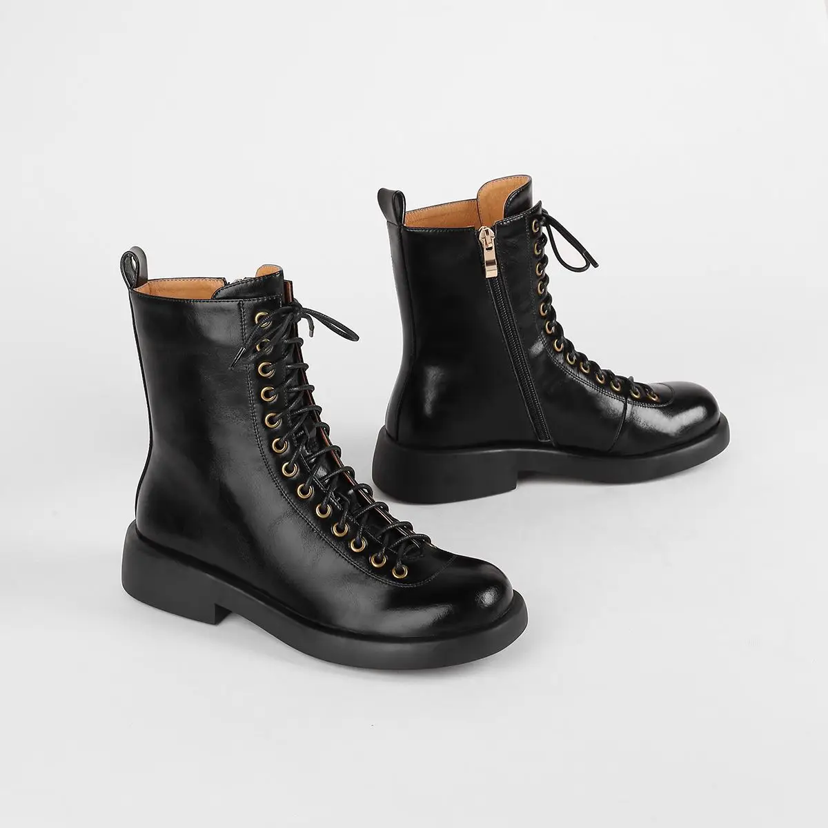 

Krazing Pot 2021 cow leather Chelsea boots winter round toe med heels metal rivets cross-tied vintage basic clothing ankle boots