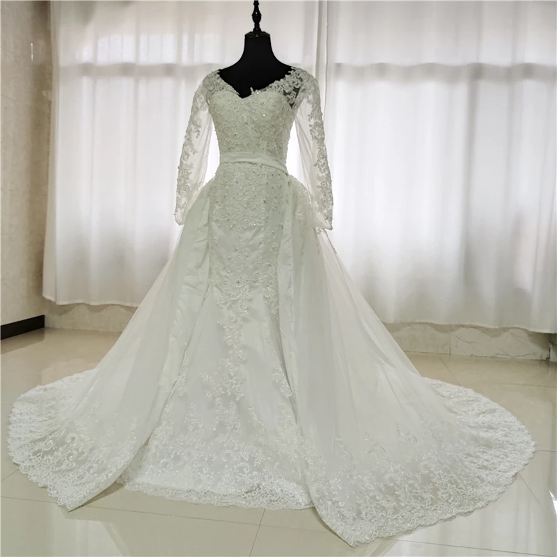 

Женское свадебное платье с юбкой годе, белое кружевное платье цвета слоновой кости со съемным шлейфом, V-образным вырезом и длинными рукавам...