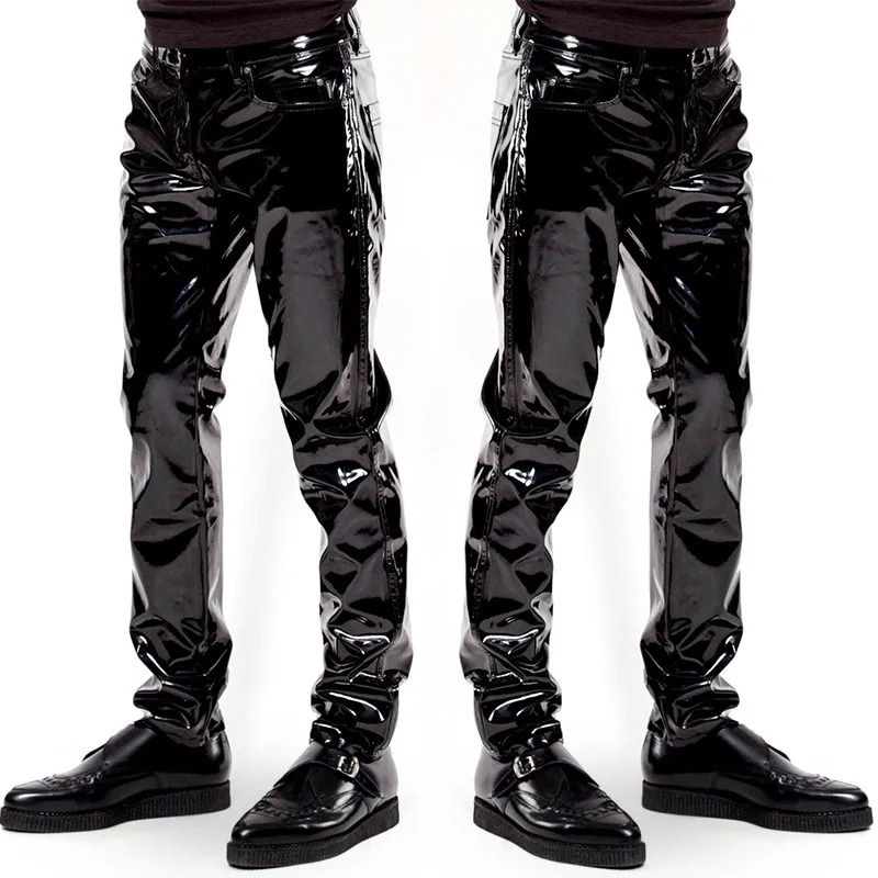 Hot Sexy Men Gay Glossy PU Leather Pants Wetlook Long Johns Skinny Muscle Trousers Fetish Club Wear Costume | Тематическая одежда