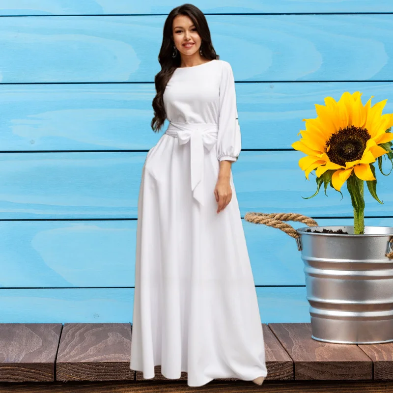 

2021 New Autumn Women Elegant Long Dress Bright Color Round Neck Lantern Sleeve Bandage Maxi Dress Vintage Evening Party