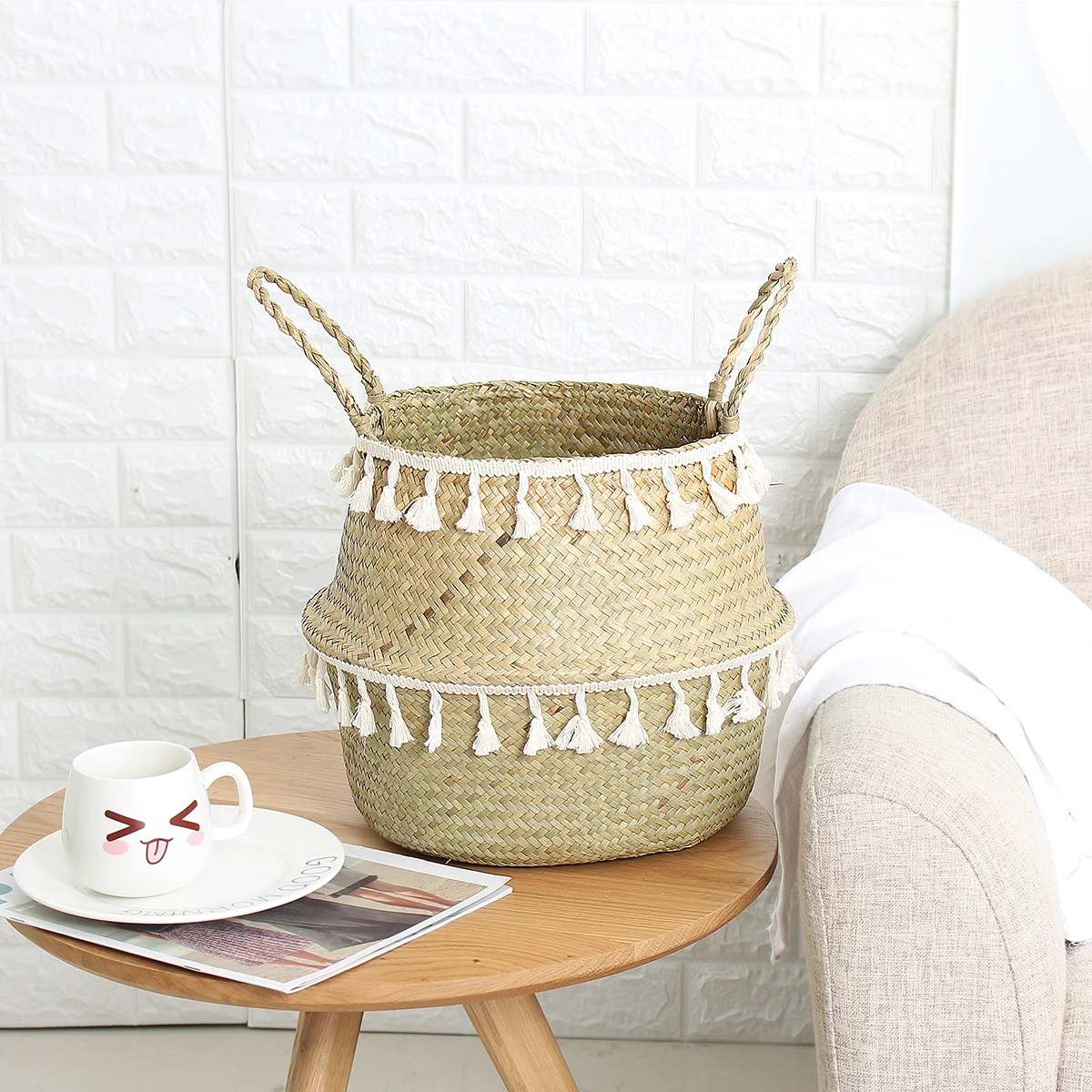 Handmade Bamboo Seagrass Wicker Storage Basket with White Tassel - Garden Flower Pot, Laundry Container, and Toy Holder image 2