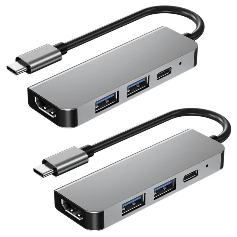 

2X 4 in 1 USB Type C Hub Adapter with 4K 30Hz HDMI-Compatible Multiport Card Reader USB3.0 TF Pd Video Multi Ports