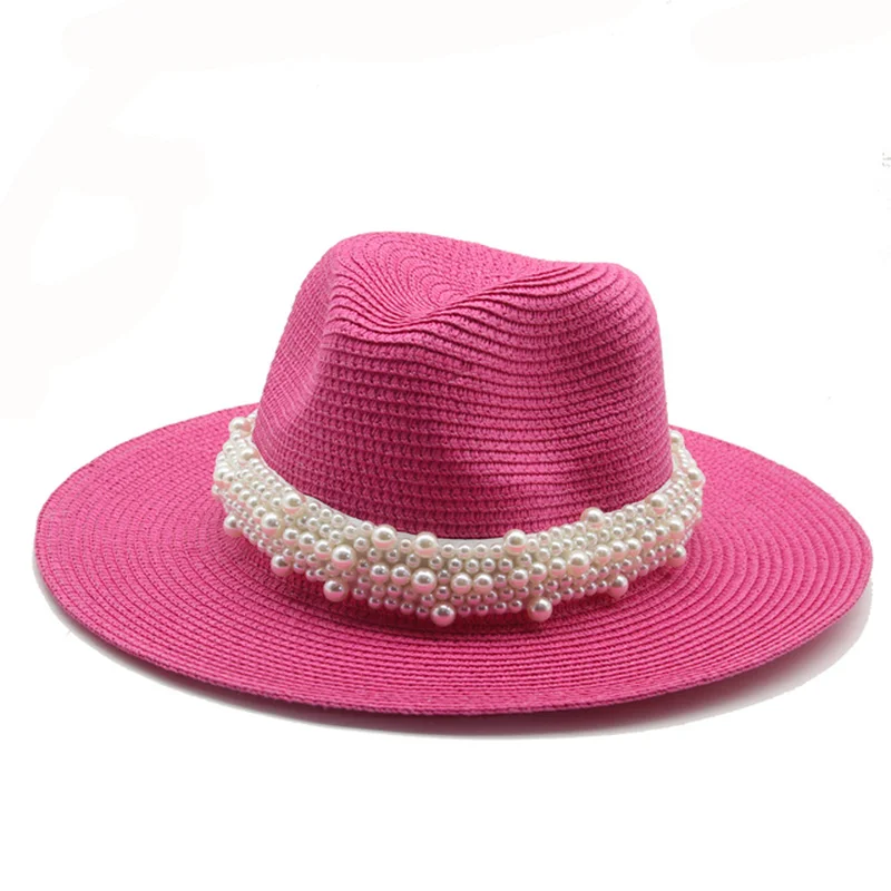 

sun hats women men cap summer wide brim band belt pearl straw hats handmade outdoor beach sun protective luxury women bucket hat