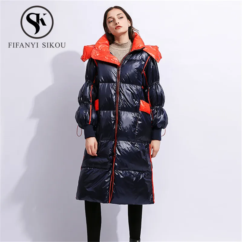 Женский длинный пуховик с капюшоном теплая Толстая парка на белом утином пуху