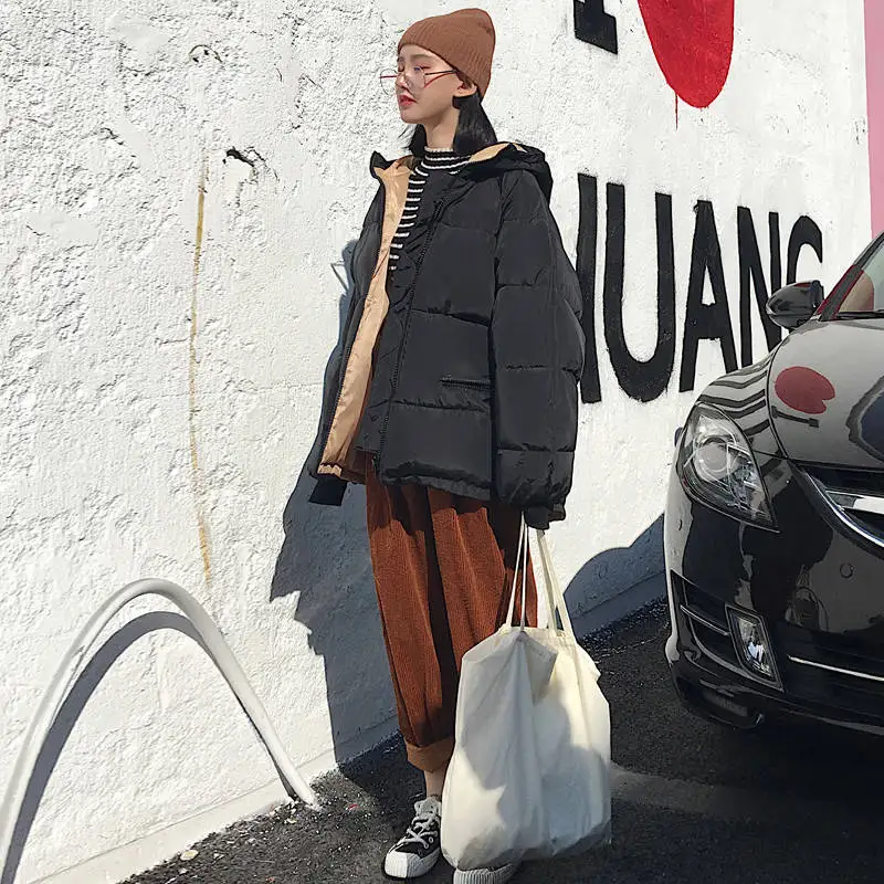 Корейский стиль теплая зимняя куртка для женщин с капюшоном однотонный черный