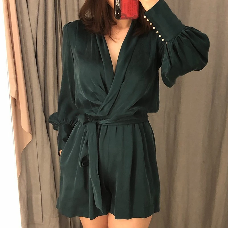 TWOTWINSTYLE Satin Women's Romper V Neck Long Sleeve High Waist Bandage Jumpsuit For Women Vintage Fashion Spring Clothes