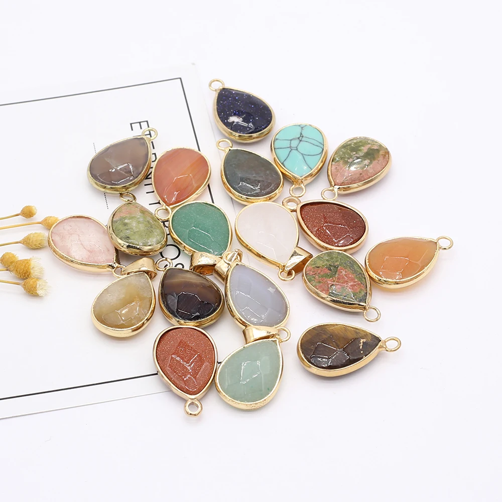 

6pcs Natural Agates Gilded Water Drop Shape Crystal Tiger Eye Stone Pendant for Necklace Jewelry Making Women Gift Size 15x24mm