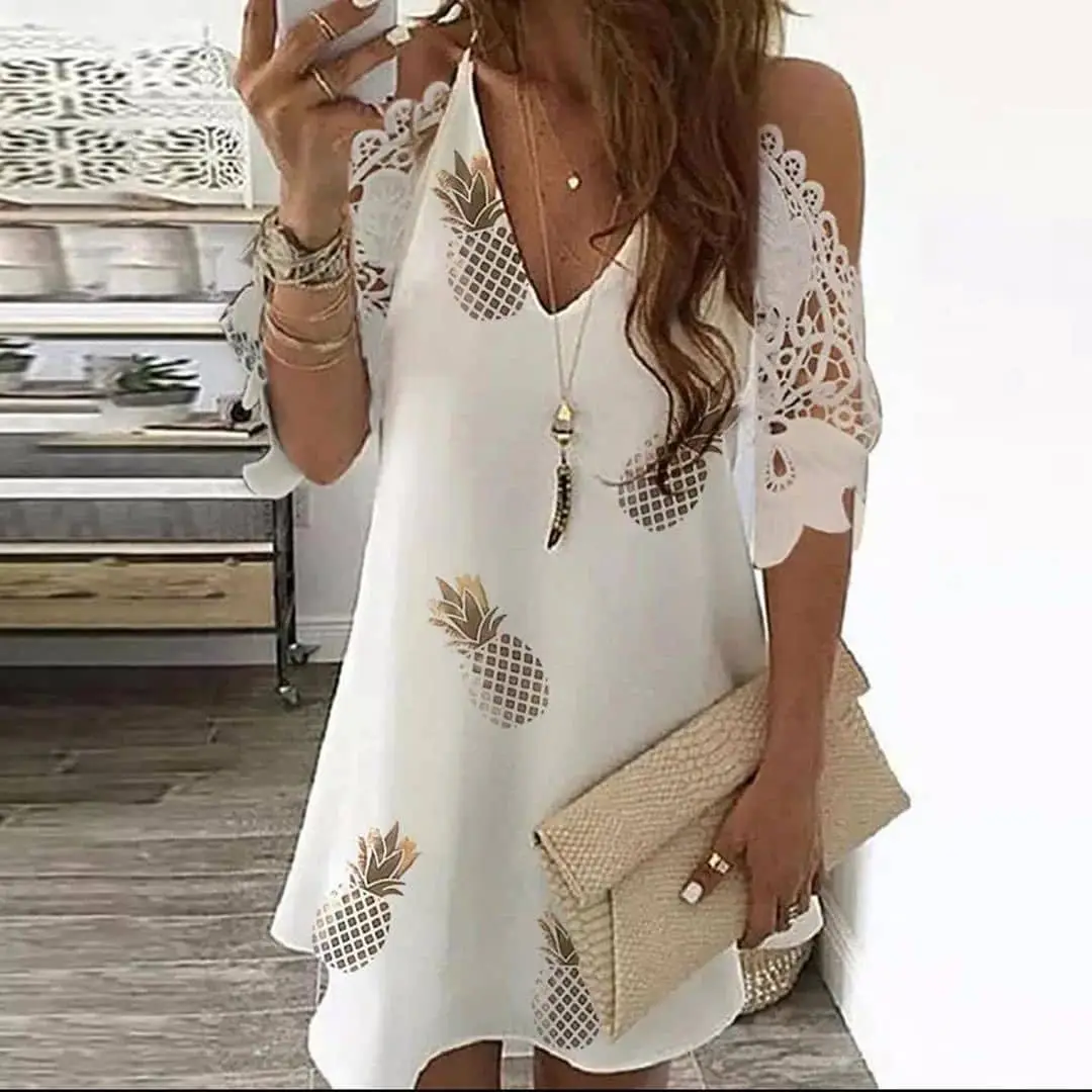 

Women Summer Casual Sling Dress Print Floral Vintage Plus Size Mini Dress V-Neck Beach Off Shoulder Lace Party Dresses