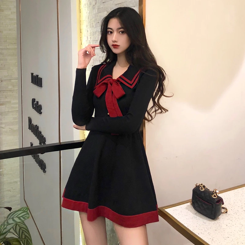 

autumn winter knitted dress women sweet japan style peter pan collar fashion brand long sleeve mini-dresses lace up bow new