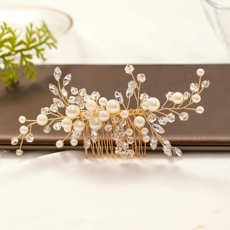 

New Golden Wedding Hair Comb Headdress Jewelry Pearl Crystal Ladies Hair Accessories Handmade Bride Wedding Hair Accessories