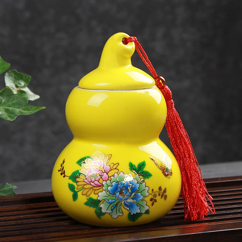 F Peony Yellow Cucurbit Tea Caddy Ceramic Tea Box Gift Tea Leaf Packing Box Coffee Bean Sealed Canister Pills Face Powder Storage Jar - Цвет: F Peony Yellow