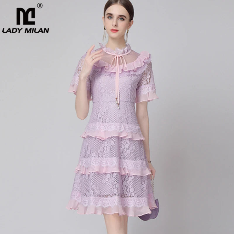 

Women's Runway Dresses O Neck Lace Patchwork Short Sleeves Ruffles Elegant Fashion Dress