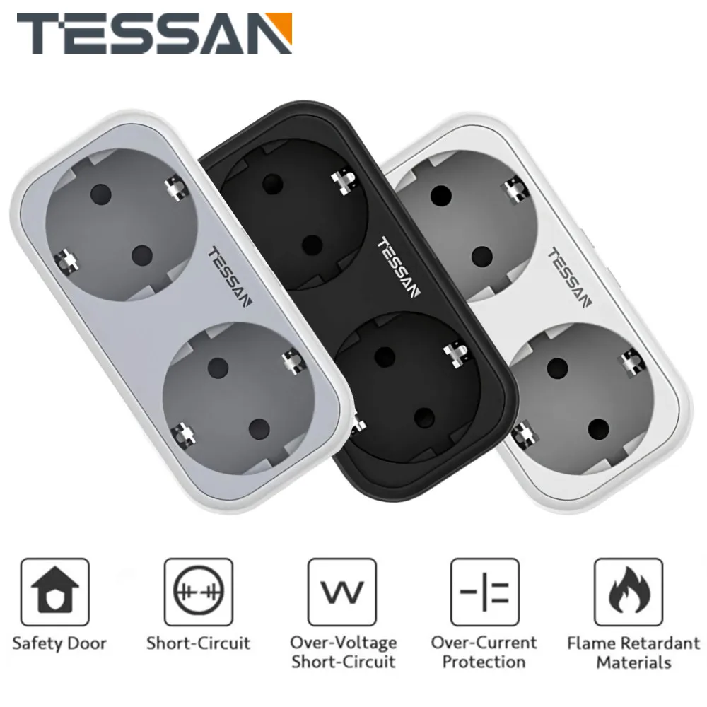 

TESSAN EU Plug Multiple Socket Power Strip With 2 Way Outlets and 2 USB Ports Overload Protection Wall Charger Extender Adapter