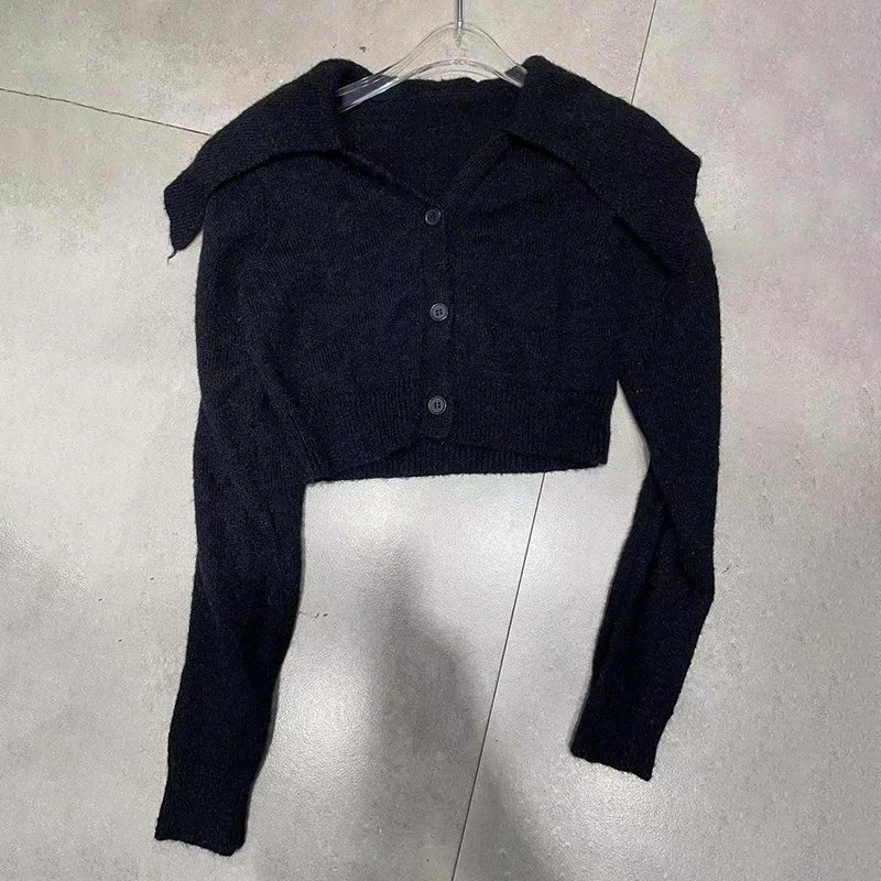 

TWOTWINSTYLE Korean Fashion Slim Black Sweater For Women Lapel Long Sleeve Single Breasted Solid Sweaters Women Clothing Spring