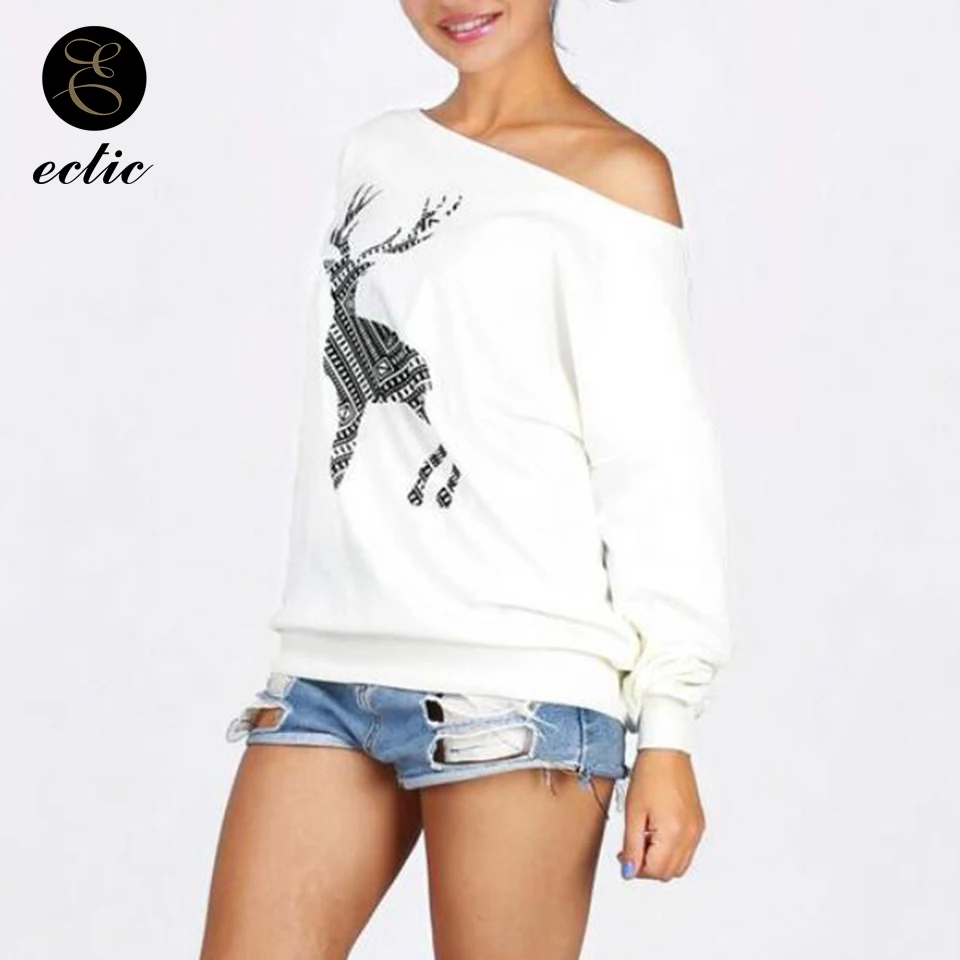 На Одно Плечо Свитшот Спортивная Кофта Рождества Косая Шея Олень Принт Худи