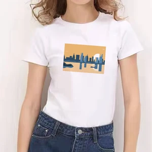 Building Houses Print Summer Short Sleeve Tshirt Women Aesthetics Tee Graphic Tshirt Female Clothing Oversized White T-Shirts