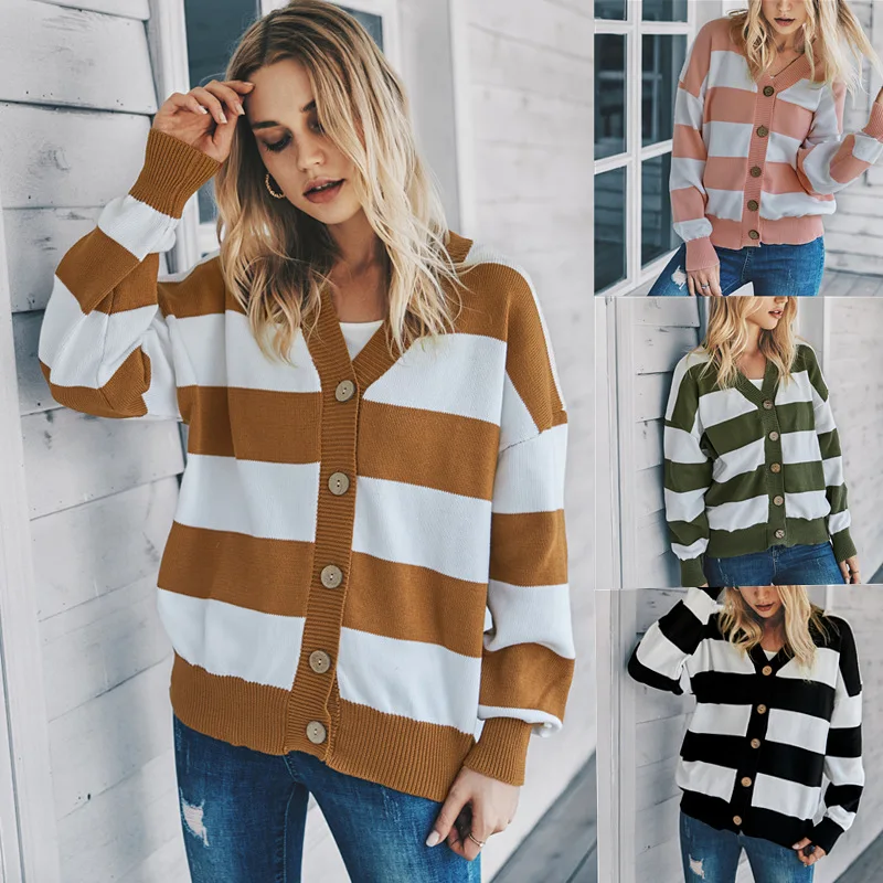 

V-neck Sweaters For Women Autumn Winter Cardigan Casual Striped Knitted Sweater 2020