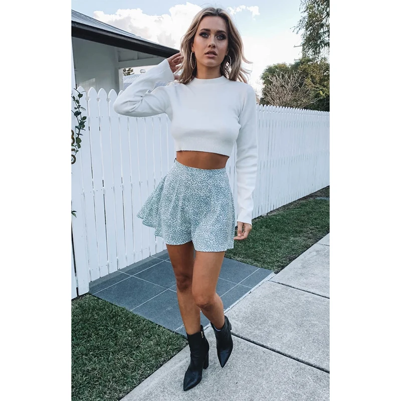 Юбка-мини женская летняя расклешенная с цветочным рисунком юбки в складку -