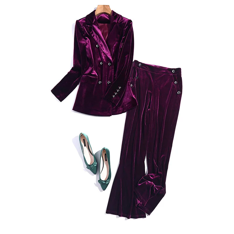 

Autumn 2020 new women's high-end velvet double breasted long sleeve suit collar coat trumpet pants temperament suit