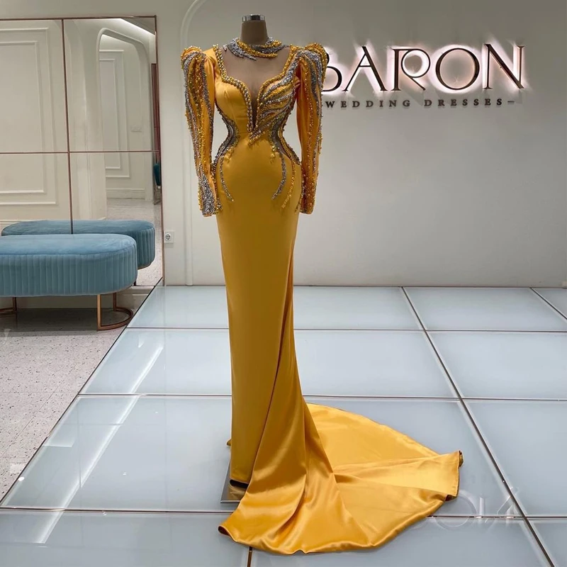 

Eightale Dubai Evening Dresses Yellow V-neck Beaded Mermaid Sexy Long Sleeves Pearls Prom Gown Custom Made Party Dress Arabic