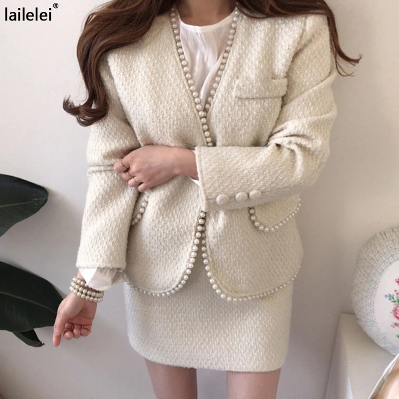 

Твидовая юбка, костюм из двух предметов, украшенный бисером, стёганая куртка с длинным рукавом, мини-юбка, зима 2021, корейский элегантный кост...