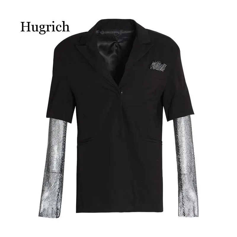 Summer Solid Blazer for Women Long Sleeve Diamond Patchwork Long Elegant Coat Female Fashion Clothing 2021 New