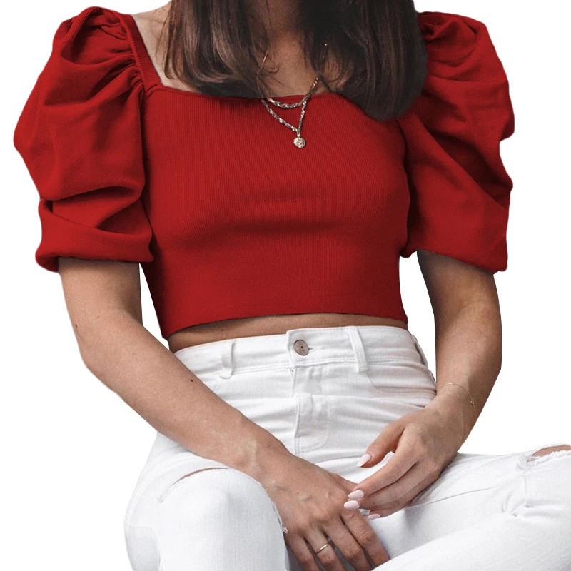 Женская футболка с квадратным вырезом повседневная Однотонная коротким рукавом