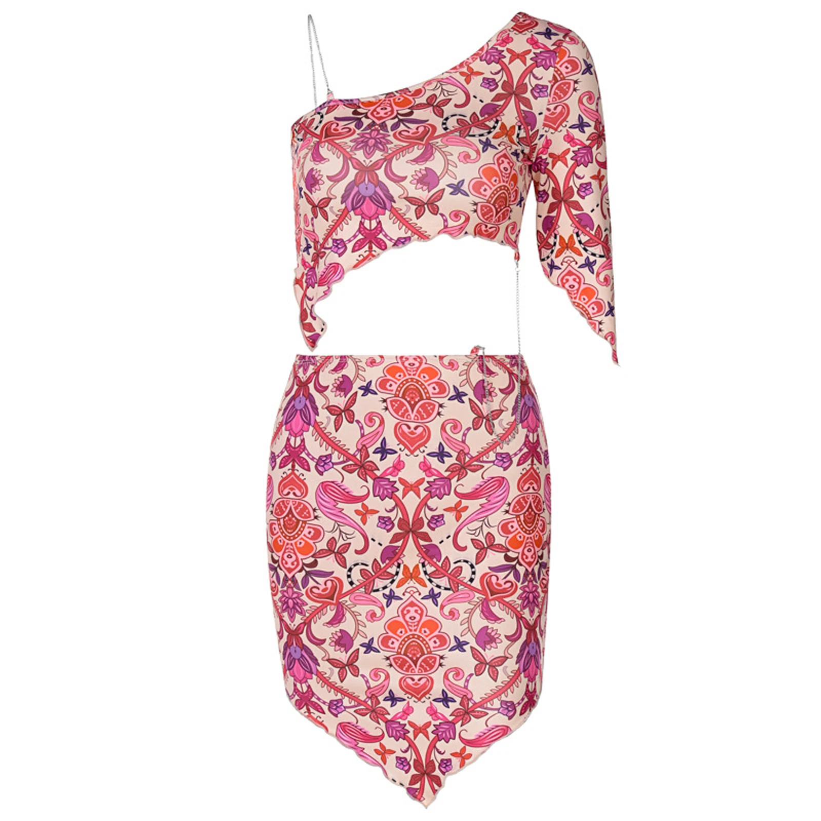 

Sexy 2Pcs Women Printed Irregular Summer casual Flower Outfits Adults Half Sleeve One Shoulder Tops with Chain Strap Skirts