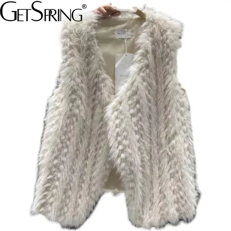 

Getspring Women Fur Coat V-neck Black White Sleeveless Fur Vest All Match Vintage Fahion Faux Fur Jacket For Women 2021 New