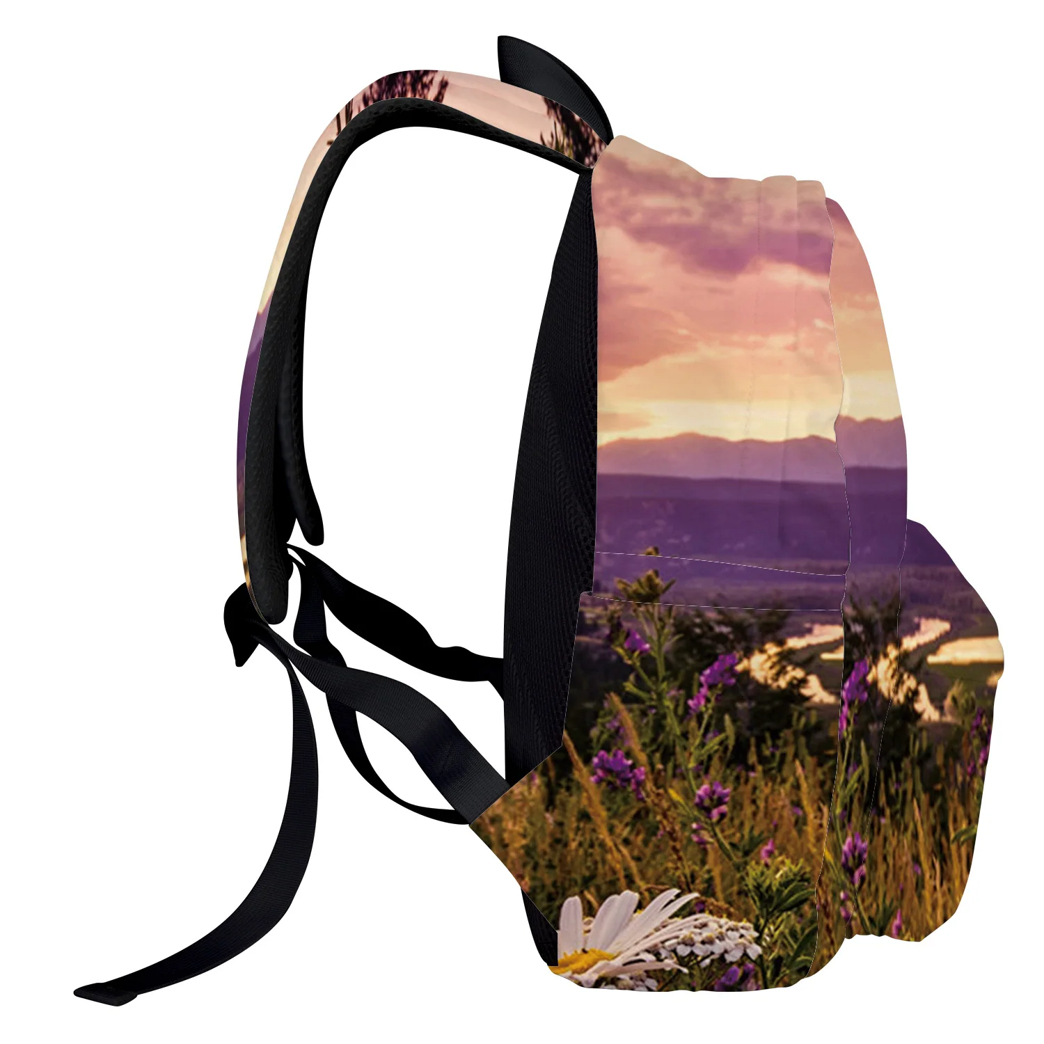 Волшебный белый рюкзак с ромашками и розовыми азалами в летних холмах внутренний