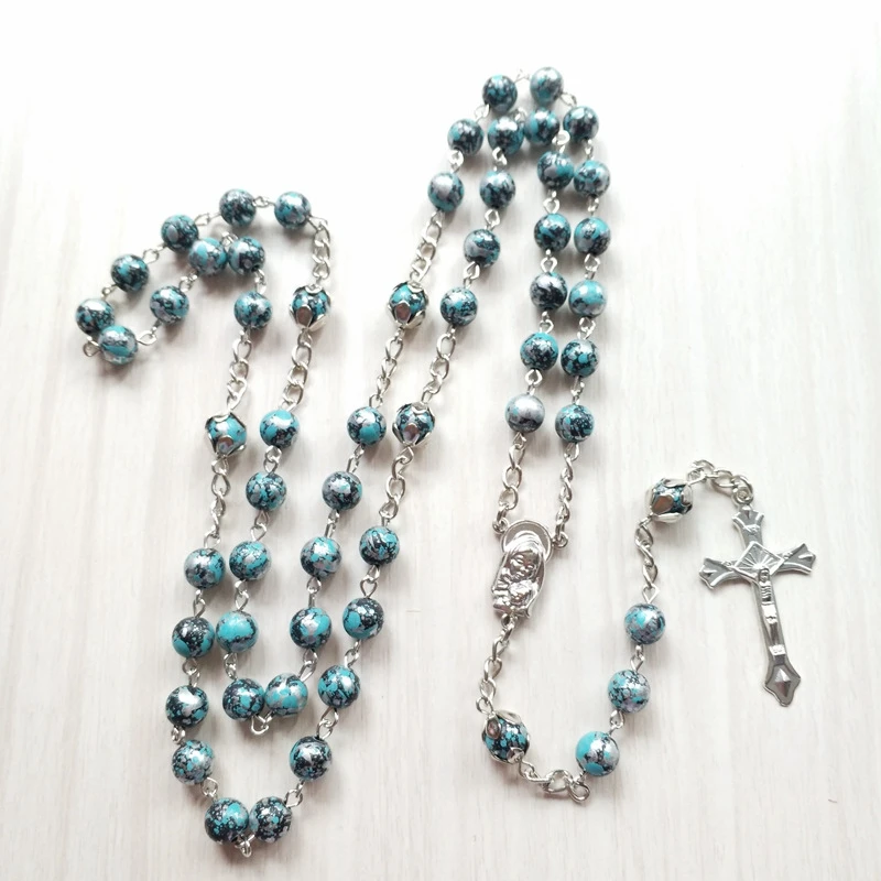 Ожерелье QIGO с зеленым акриловым длинным кулоном религиозный крест Розария