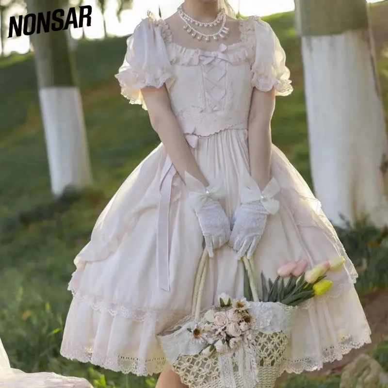 

NONSAR Embroidered Princess Lolita Dress Women Contrast Retro Elegant Party Sweet High Waist Dress Cosplay New