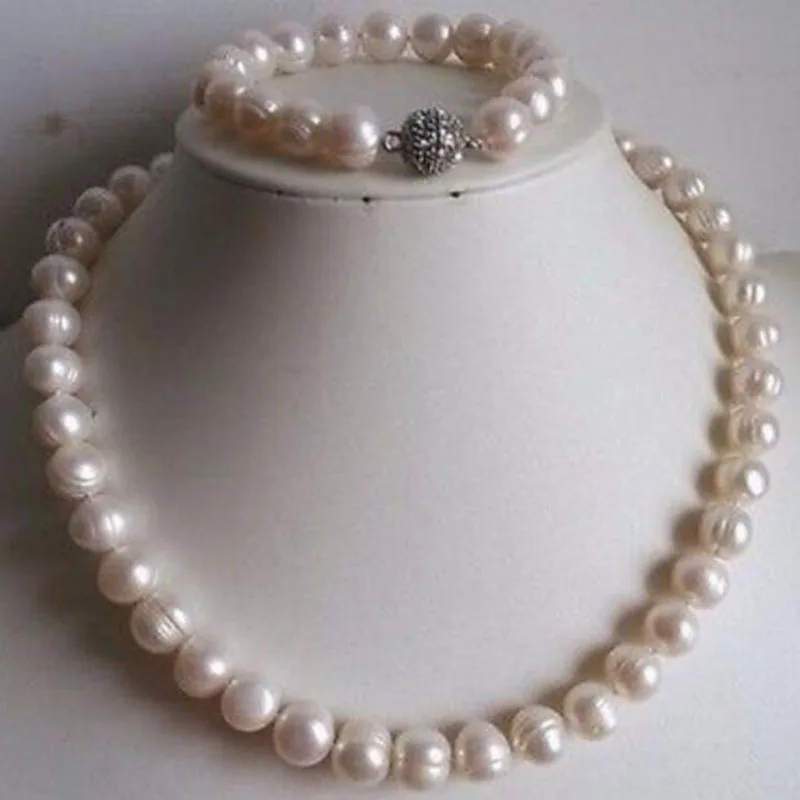 

Natural 9-10mm White freshwater Cultured Pearl Necklace Bracelet Set 18"/7.5"