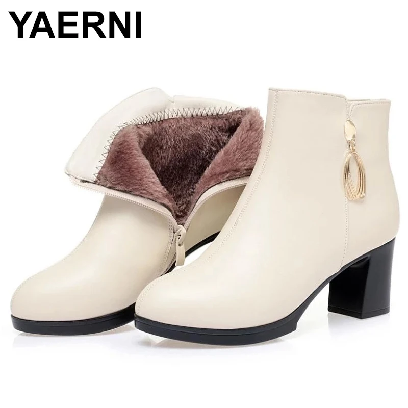 

YAERNI Brand Genuine Leather Women's boots Warm wool booties High heel ankle boots Black red beige snow boot 2021new winter boot