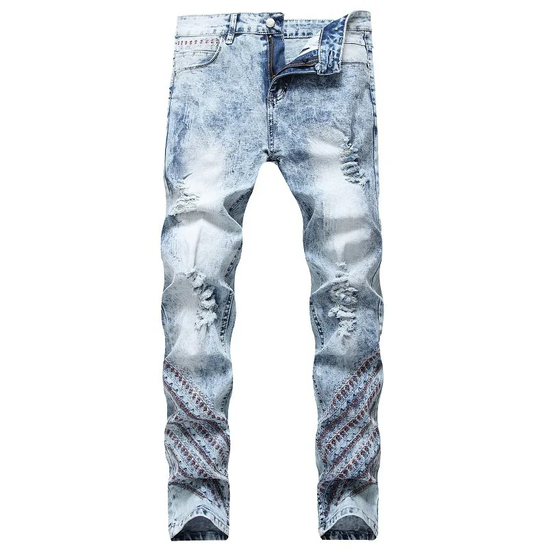 

Men's Embroidery Light Blue Jeans Streetwear Holes Ripped Stretch Denim Skinny Jeans Light Nostalgic Trousers Men's pants