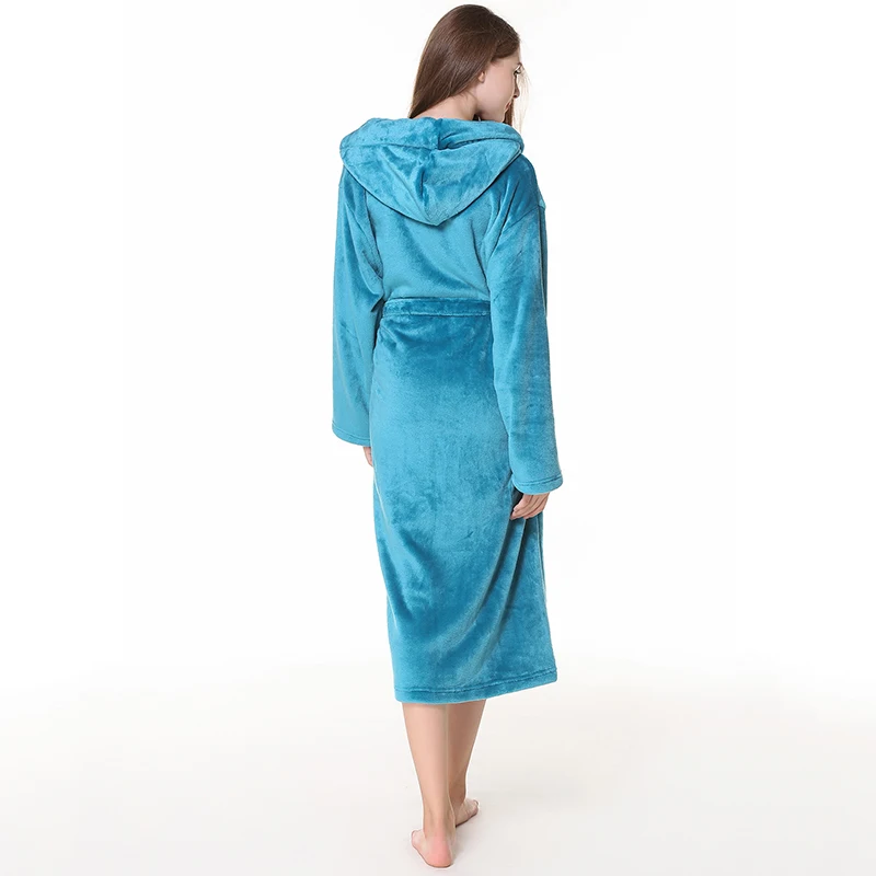 

Winter Hooded Nightgown Ladies Pockets Sleepwear Fashion Flannel Solid Long Sleeves Belt Nightdress Female Warm Pajamas