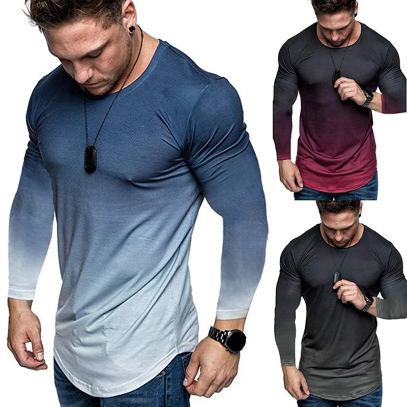 

Summer Fashion Do Old Printing Men Gradient Color Long Sleeve Round Neck T-Shirt Slim Fit Top Plus Size 2XL
