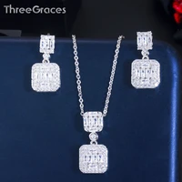 threegraces chic sparkling white cz stone pave geometric silver color drop earring pendant necklace jewelry sets for women js523