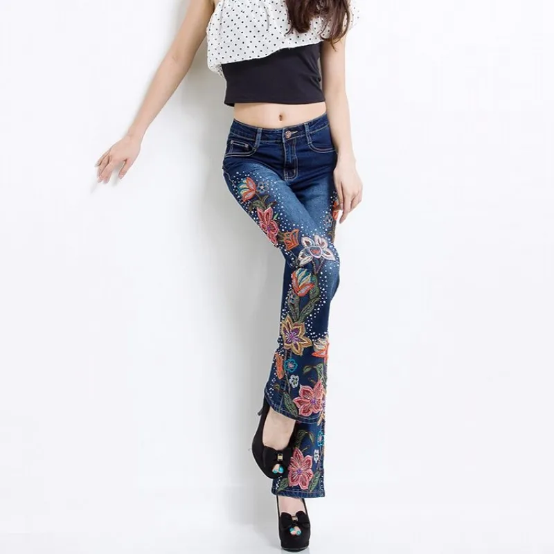 Top Quality Women Folk Floral Embroidery Skinny Long Wide Leg Denim Pants Slim Beading OL Sexy Push Up High Waist Jeans