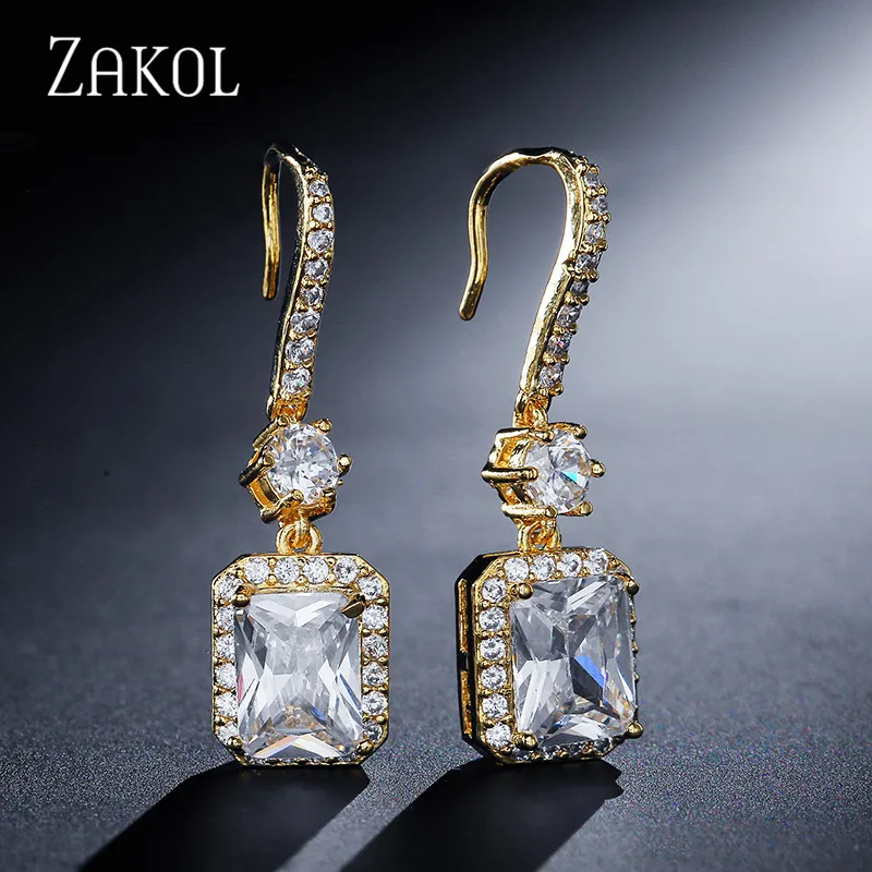 Модные циркониевые серьги подвески ZAKOL высокого качества с фианитами большим