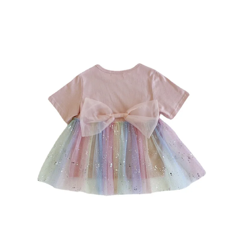 

New Girl's Back Rainbow Gradient Mesh Bow Top Summer Children Cartoon Print Short Sleeve T-Shirt