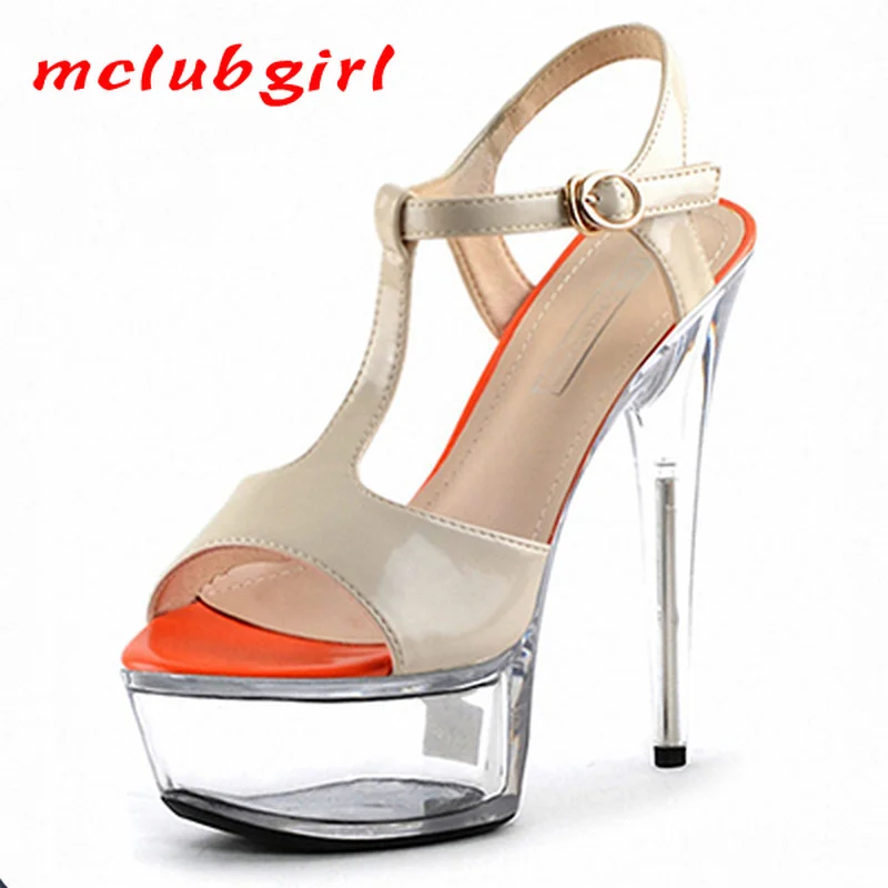 

Mclubgirl 15cm Heels New Sexy High-heeled Sandals Thin Heel Open Toe T-shaped Buckle All Kinds of Crystal Heel Women's Shoes LYP