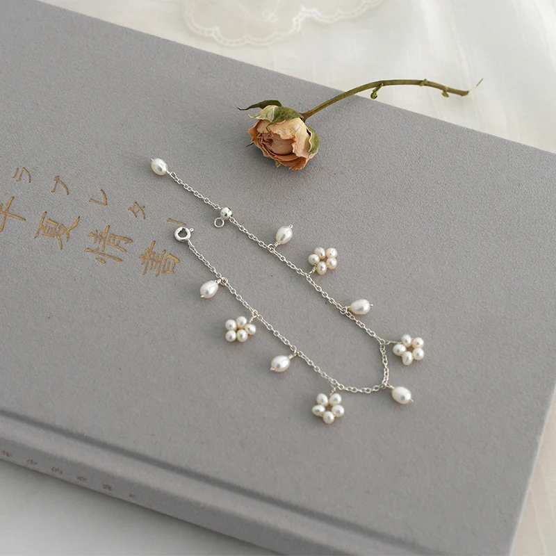 Женский браслет из серебра 925 пробы с натуральным пресноводным жемчугом|Гибкие и