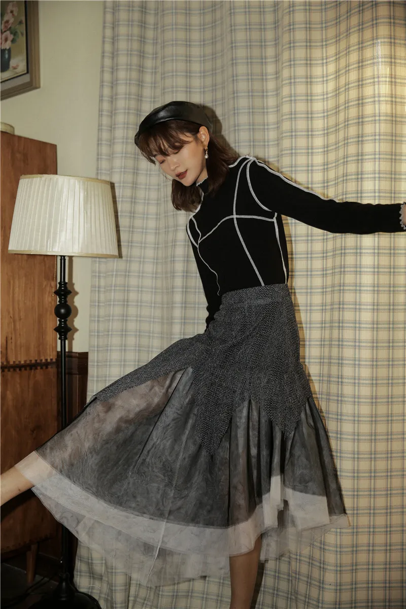 

2020 Long Mesh Midi Skirt Women Grey Patchwork Tiered Asymmetrical Skirt High Waist Designer Skirt High Fashion P017