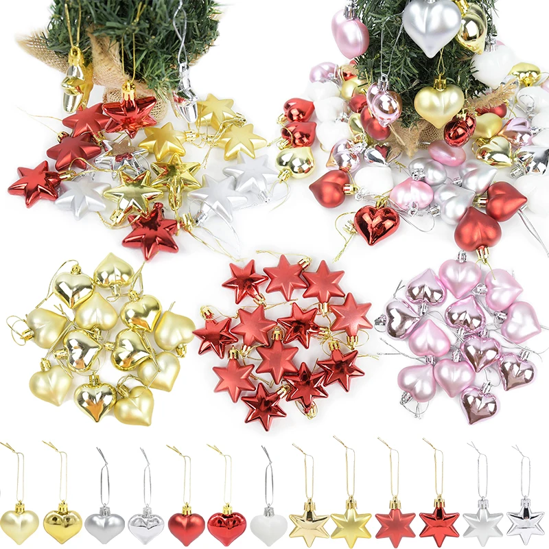 12Pcs Plastic Heart Star Ornament For Christams Tree Decor Red Gold Silver Christmas Balls  For Xmas Decoration New Year Decor