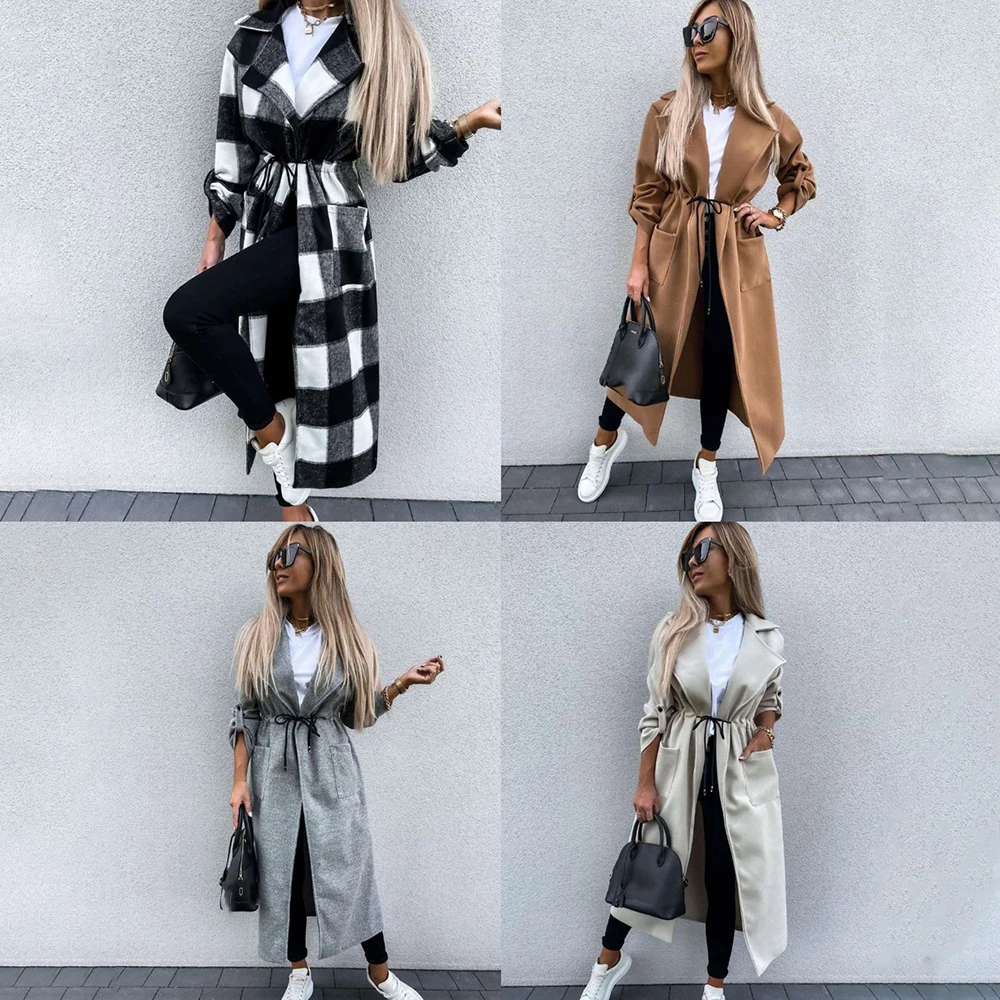 Модное длинное шерстяное пальто в клетку с отложным воротником женское