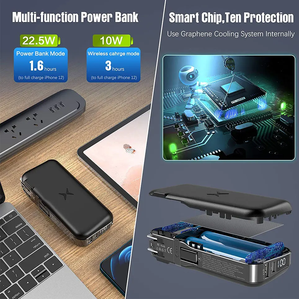 

Dual wireless chargers and power banks for mobile phones and laptops-compact and portable fast-charging battery charger