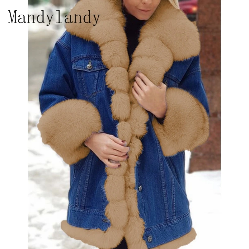 

Женское джинсовое пальто Mandylandy из искусственного меха, повседневное однобортное теплое пальто с длинным рукавом, зимнее прямое Свободное п...