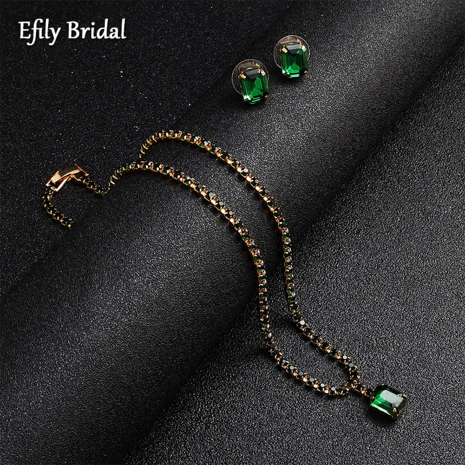 

Efily Vintage Green Crystal Necklace and Earring Stone Jewelry Sets for Women Pendants Wedding Accessories Party Bridesmaid Gift